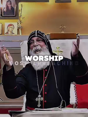 The image presents a man, presumably a bishop, in religious attire with his arms raised in a gesture of worship. Bold white text overlays the image. The background features elements within a church setting, including an altar and artwork.