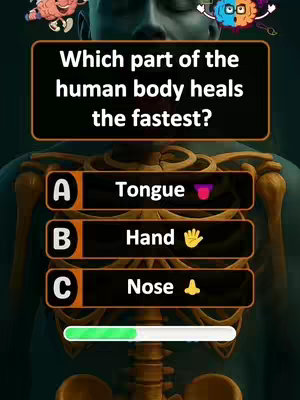 The cover image is a quiz question overlayed on a graphic depicting a human skeleton. The central question area is a black rectangle with white text asking, 'Which part of the human body heals the fastest?'. Below this, there are three answer options labeled A, B, and C, each with text and an emoji. A progress bar runs at the bottom.