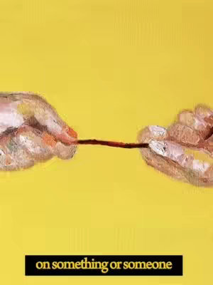 An artistic painting with a bright yellow background. Two hands, depicted with a textured, almost impressionistic style, are shown reaching towards each other from opposite sides of the frame. They appear to be holding or touching a thin, reddish-brown line or thread that stretches between them. The overall composition evokes a sense of connection and tension. At the bottom is a black rectangle containing the text 'on something or someone'.