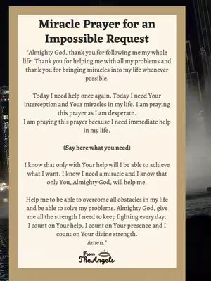 The image shows a document with a light beige background and a darker brown border. The text is arranged as a prayer titled,  'Miracle Prayer for an Impossible Request'. The background includes a blurred night-time city scene at the bottom.