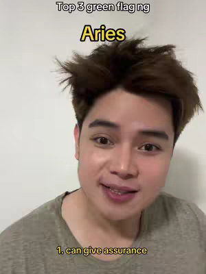A young man with light skin and short brown hair is centered in the frame. He is wearing a gray shirt and is looking directly at the camera. The background is a plain white wall. Above his head, there is a title overlay that says Top 3 Green Flag ng with Aries below in a yellow box with a black outline. The words are in a bold font. Below the Aries is a numbered list with the points that are mentioned in the video.