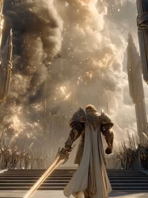 An epic, fantasy-style image with a grand, celestial theme. In the foreground, a figure in ornate, golden armor and a white cape stands with their back to the viewer, holding a large sword. The lighting has a heavenly, glowing effect, with bright light emanating from the background and illuminating the figure. The scene is set against a backdrop of swirling clouds and distant architectural structures, suggesting a celestial realm.