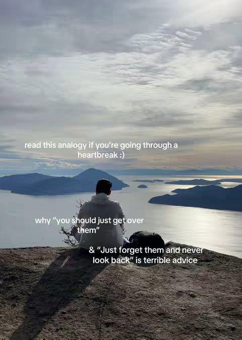 A person sits with their back to the camera, facing a scenic view of mountains and water. Text overlays are placed on the background. The image uses muted colors with the sky and water as a part of the composition.