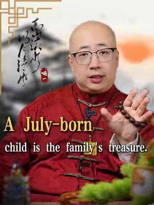 The image features a man in a red shirt holding a wooden bead necklace and making a hand gesture. He's wearing glasses and has a serene expression. The text overlay says, "A July-born child is the family's treasure."