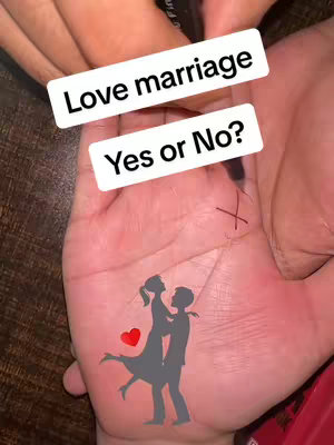 The image shows a hand with an illustration overlaid. The hand is pale with visible skin texture and creases. Two rectangular text boxes appear at the top with the words 'Love marriage' and 'Yes or No?'. Below that, a silhouette figure depicts a couple in love. There is a red heart between them. Details of the palm lines are visible.