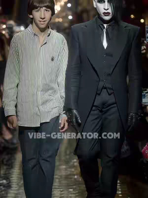 Two men are captured in a medium shot walking towards the camera. A younger man on the left is dressed in a striped shirt and dark pants. Next to him walks a man with elaborate goth makeup. The style is dark and contrasts with the boy