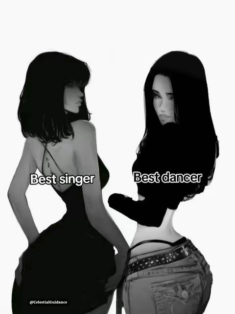 An illustration in grayscale features two women standing side-by-side against a stark white background. The woman on the left is seen from the side, her body turned towards the right. She wears a black dress with spaghetti straps and her dark hair is styled. The woman on the right is facing forward, her dark hair partially obscuring her face. She wears a black top and light wash jeans. The text "Best singer" is overlaid next to the woman on the left and "Best dancer" next to the woman on the right.