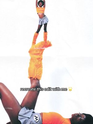 The image is a digitally altered composition featuring two figures. One figure is lying down with their legs raised, wearing grey shorts and an orange crop top. The other figure is standing on top of the raised leg, wearing a matching orange crop top and grey skirt. The legs supporting the top figure are replaced with a large, orange, furry boot effect. The background appears to be plain white or light in color.