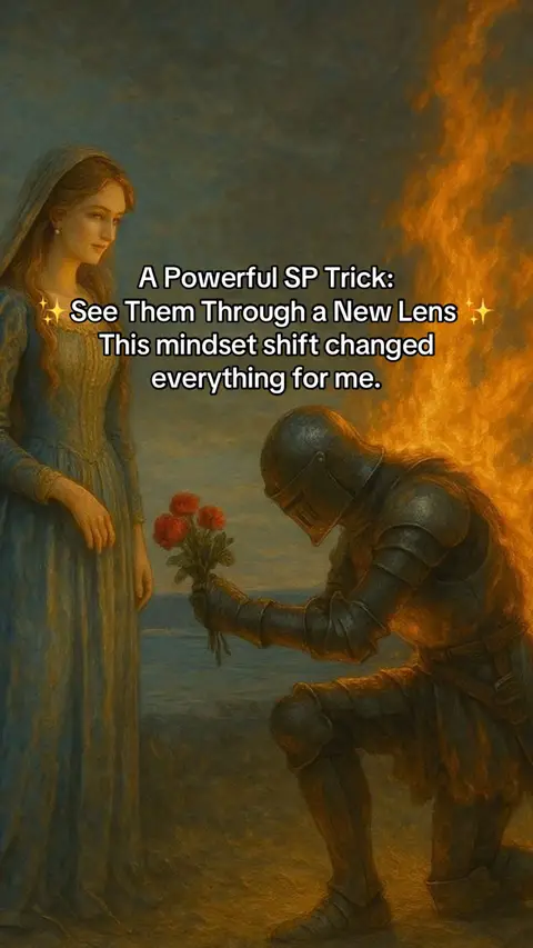 An AI-generated image depicts a kneeling knight offering a bouquet of roses to a woman in a long, flowing dress. Flames are depicted behind the knight. Overlay text adds additional meaning.