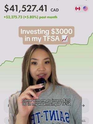 A vertical video cover image features a woman in the center, holding a small microphone. Above her, a screen image shows financial data, including a dollar amount, a currency indicator, and positive growth percentage. Overlay text highlights "Investing $3000 in my TFSA." The woman is smiling as she talks. A graph of what appears to be investments is visible in the background.
