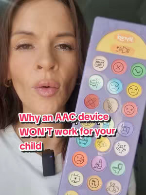 A woman with light skin holds up a large, purple AAC device, looking directly at the camera. The device is covered in buttons representing various needs and emotions. A red and white hook overlay appears at the bottom with the purpose of this video.