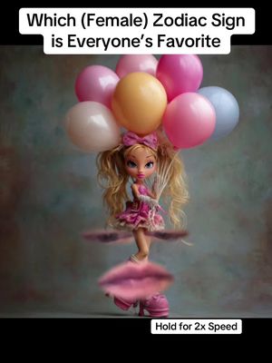 The image shows a doll holding a collection of balloons. The doll has blonde hair in pigtails, a pink dress and is standing above a pair of red shoes. The balloons are in a cluster of colors. In the bottom half of the picture is a giant pink mouth.