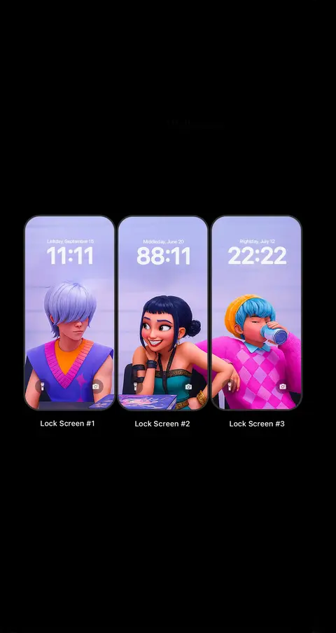 The image is a vertical composition featuring three stylized digital renderings of different individuals designed to resemble lock screens on mobile phones. The background is plain black, which emphasizes the colorful and detailed subjects. The three 'lock screen' displays are arranged in a row, each showing a different person. The first screen on the left has a person with styled white-bluish hair and a purple and orange top. In the middle, the second screen shows a woman with black hair and a smiling expression, wearing a teal top. The third screen, on the right, displays a person with blue hair drinking from a cup, wearing a pink sweater and yellow beanie. Time and date details are displayed in the top corners of each screen, adding context.