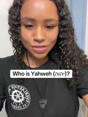 A woman with curly dark hair is centered in the frame, directly facing the camera with a soft smile. She's wearing a black t-shirt and a necklace with a pendant. A white rectangular text box overlays at the bottom, displaying the question, "Who is Yahweh?" in English, followed by the Hebrew characters. 
