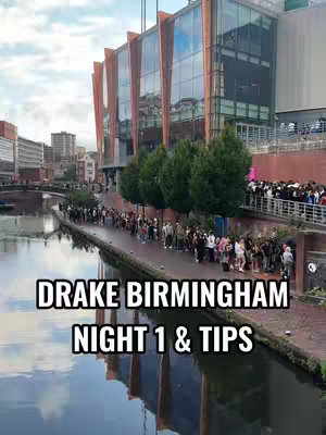 The cover image shows a cityscape scene with a canal in the foreground reflecting the sky. A building with large glass windows and a brown facade is on the right. People are lined up along the canal, and text overlays are placed near the bottom to promote the tour. The sky is overcast.