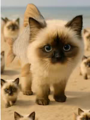The image shows a cat on a sandy beach, with several other cat-like figures in the background. The primary cat has a fish tail and is the focal point. The composition is balanced, with soft lighting and a blurred background emphasizing the central figure.