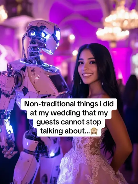 A woman in a lacy wedding dress stands next to a silver robot in a vibrant, purple-lit ballroom setting. The woman smiles directly at the camera.