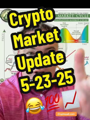 A selfie-style image featuring a man giving a thumbs-up with overlaid text announcing a crypto market update for 5-23-25. Beside the text is a graph going up and various other market related elements, along with emojis. The background has more market related charts and diagrams.