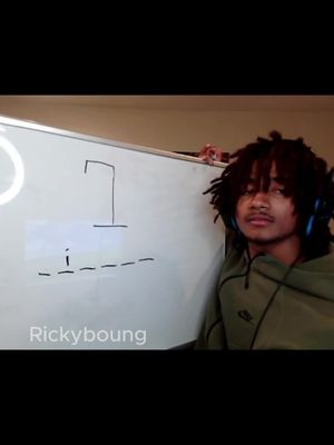 A young man with dreadlocks is standing in front of a whiteboard upon which a drawing of the number "1" and some dashes has been drawn.  He is wearing headphones around his neck and a green hoodie; he is looking directly at the camera with a neutral expression. Behind him is a plain cream-colored wall, and a streaming light. The creator’s name, “rickyboung”, is written in a small font on the bottom left of the whiteboard.