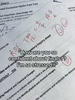 The image shows a close-up of a test paper with the title 'Geometric Optics Unit Test' visible. Text overlayed reads, 'How are you so confident about finals?? I'm so stressed!!' The test paper has grades marked, and there are circled smiley faces.
