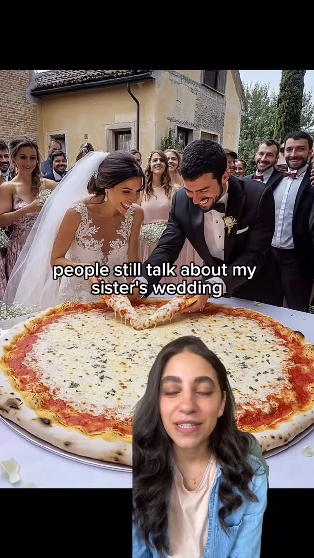 The image shows a woman speaking in front of a pizza taking up most of the frame, with an actual wedding scene in the background.