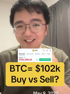 A man in glasses is looking at the camera smiling, with a screenshot of a crypto app on his right, and a bright yellow overlay below it, stating 'BTC = $102k Buy vs Sell?'. The background shows a plain curtain.