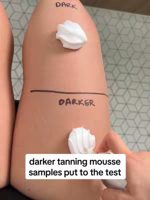 The image shows a close-up of a leg with two applications of tanning mousse, highlighted for comparison, with white mousse swatches and overlay text.