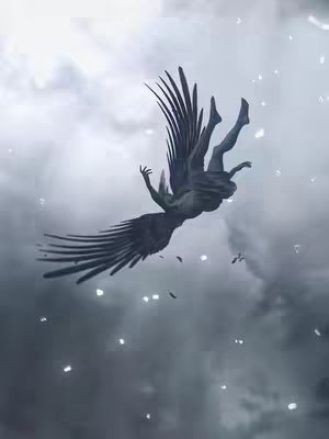 An artistic image of a figure with stylized wings falling through a cloudy sky. The figure appears to be a statue or a heavily stylized humanoid, rendered in a dark color, possibly stone or metal. The wings are large and prominent, adding to the drama of the fall. The backdrop is a moody sky filled with clouds, and there appears to be some light-emitting particles scattered around.