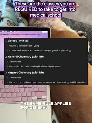 The cover image shows a laptop with a list of required courses for medical school displayed on the screen. The laptop is placed on a bed with a pink keyboard and a dog visible in the background. Text overlays are added at the top and bottom of the image.