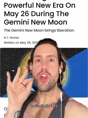 A man with dark hair and a beard stands in front of a background that contains text and an astrological chart. He is wearing a black tank top and white earphones. The man's expression is lively and he appears to be speaking. There is overlay text at the bottom stating 'you're finally FREE'.