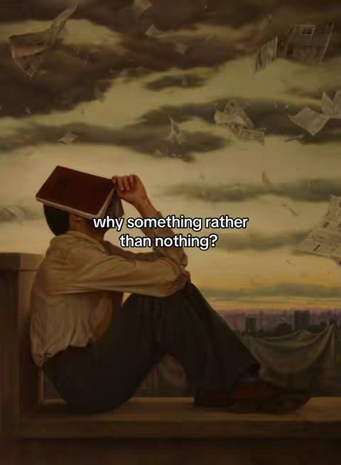 An artistic image with a person sitting, looking at the books in their hands with a book held up to their head. The sky is overcast and papers are flying. The overall aesthetic leans towards a melancholic philosophical theme, with soft muted colors.