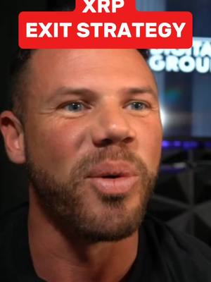 A close-up shot featuring a man with short hair and a trimmed beard, looking slightly upwards with a focused expression. A red banner with white text that reads 'XRP Exit Strategy' is positioned over his head.