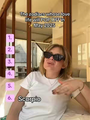 A woman wearing sunglasses sits on a sofa. Text overlays are placed over her, including a numbered list and a zodiac sign.