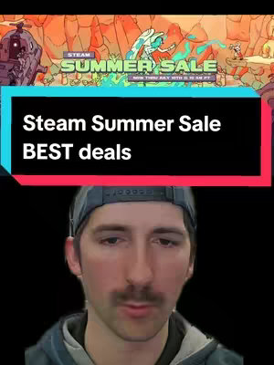 The cover image features a man with a mustache in the foreground, with a black backdrop. On top of the man's face, it has a text overlay with the title 'Steam Summer Sale BEST deals'. The background of the image is a screenshot of the Steam Summer Sale.
