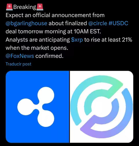 The cover image is a simple graphic with a black background. It is divided into two sections. The left section contains the XRP logo, featuring two white circular elements arranged within a blue backdrop. The right section contains the Circle logo, represented by a stylized design with interconnected shapes colored in shades of green, blue, and purple.