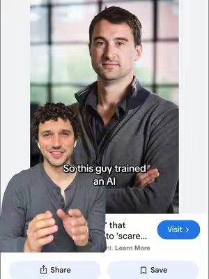 The image features two men: one in a lower inset, making hand gestures, and another larger behind him in a business setting. Text overlays inform the video content.