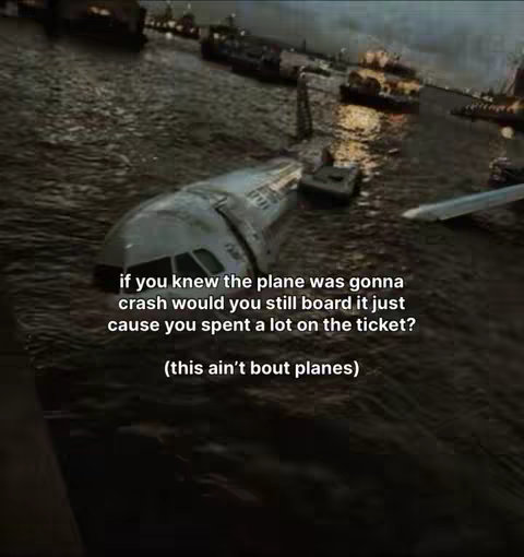 A dramatic image of a plane submerged in dark water, likely a crash site. The plane's nose is partially visible, and the scene is moody. Text overlays the image in white.
