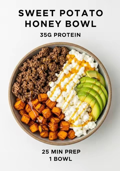 A top-down shot of a composed food bowl with several components. On the left, there are golden-brown cubes of sweet potatoes. Above them is a section of crumbled ground beef. To the right, there is a cluster of cottage cheese with a drizzle of hot honey. Sliced avocado fans out next to it. The bowl is set against a clean white background, and text such as 'SWEET POTATO HONEY BOWL' and '35G PROTEIN,' is placed above the bowl.