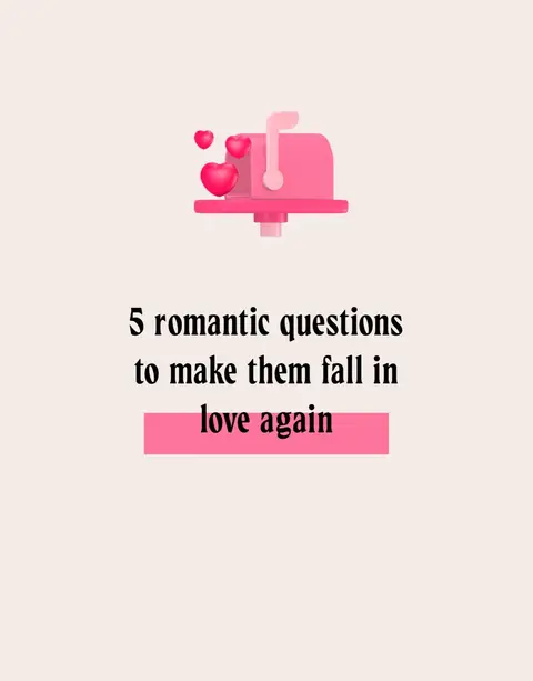 The image is a vertical graphic against a cream-colored background. It features the top of a pink mailbox with three pink hearts floating above it on the left. Below the mailbox, centered, is the text: "5 romantic questions to make them fall in love again" in a black, easy-to-read font, with "love again" highlighted in pink.