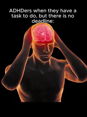The image is a digital illustration with a black background. In the center, a human-like figure is depicted, their body glowing with an orange hue, and the brain highlighted in red. The figure has hands on their head conveying stress or pain. Above, white text provides context to the image.