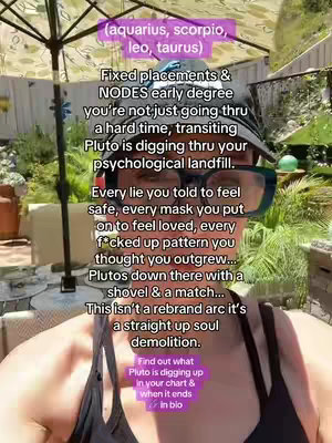 A woman with dark hair and glasses is positioned in front of a garden background. Text overlays are added, including a list of zodiac signs and various lines of text in a casual font.