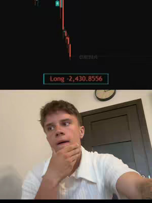 A man with short brown hair is looking at the viewer with a concerned expression. Behind him is a stock chart displayed on a screen. The top part of the screen shows a black chart with red lines going downwards. In the middle, there is a box written "Long -2,430.8556"