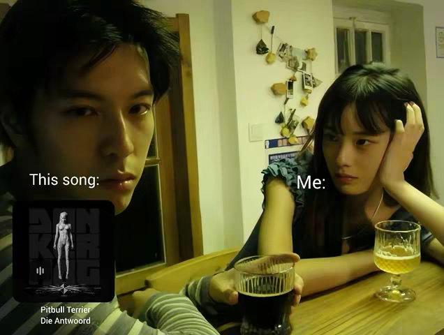 A split screen featuring a man on the left and a woman on the right. The man is looking down with a thoughtful expression, while the woman is leaning on her hand with a slightly bored expression. A phone screen overlay shows an album cover of a nude person within a black frame. Two glasses with beer are placed on a table.