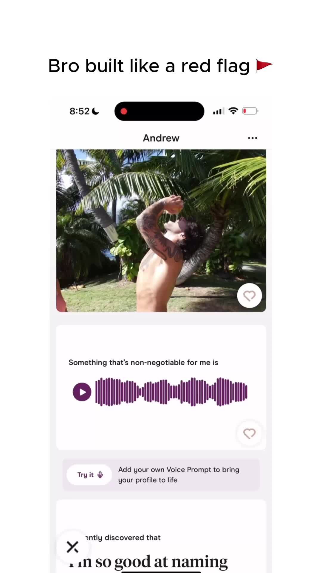 The cover image is a screenshot from a dating app, presenting a profile. At the top is a text overlay that reads 'Bro built like a red flag'. The body of the screenshot displays a video of a shirtless man drinking from something. Underneath the video, there are elements indicating that this is a Hinge profile, including voice prompts and text prompts.