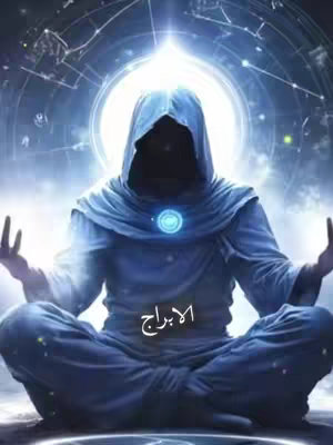 A digitally created image features a hooded figure sitting in a meditative pose, with their hands resting in their lap. The figure's facial features are obscured. A bright white light emanates from behind the figure, creating a halo effect. The background includes a swirling pattern of celestial bodies and constellations. Text in Arabic is added at the bottom of the image.