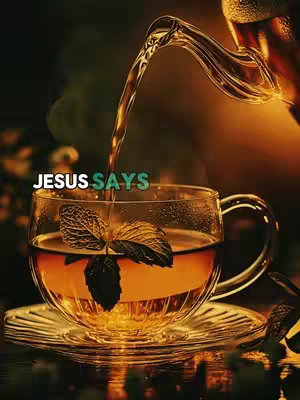 Close-up image featuring a clear glass cup filled with dark tea, a sprig of green mint, and tea being poured from a transparent teapot into the cup. The background is softly blurred, with a warm, golden glow. The words 'JESUS SAYS' are overlaid in green and white text.