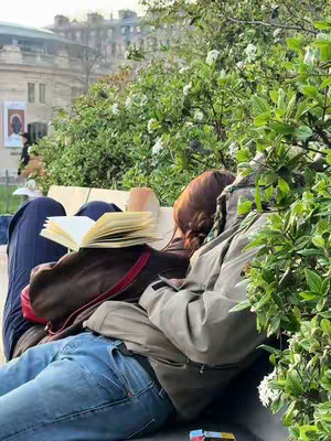 A vertical shot shows a person reading a book while resting on a bench. The person is only partially visible, with the back of their head and shoulders in the frame. The person is wearing a brown jacket and blue jeans. A red purse strap is visible. A book with yellow pages is open. The background contains green foliage.