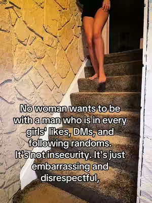 A woman's legs as she walks down a set of carpeted stairs. The stairs are made of a brown carpet, and the wall to the left is made of large, textured stone blocks. Text overlays the image.