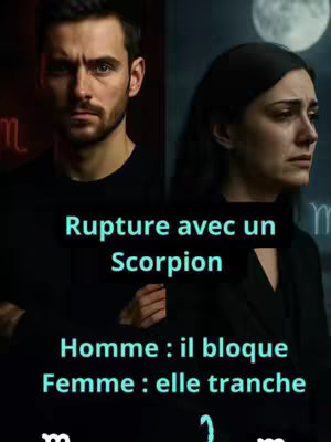 The image is a split-screen. On the left side, a man gazes intently, with a red neon scorpion symbol visible. On the right, a woman is looking down, appearing sorrowful, with a full moon and the scorpion symbol in a blue-toned background. Text overlays describe reactions to a breakup.