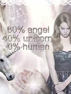 The image is a composite with a soft, ethereal aesthetic. At the center, text overlays read '60% angel, 40% unicorn, 0% human'. To the left, a unicorn's head is visible. A woman with long brown hair is on the right, dressed in a dark dress. The background is a blend of light colors that could be white or light purple that is partly obscured by a cross and rosary.